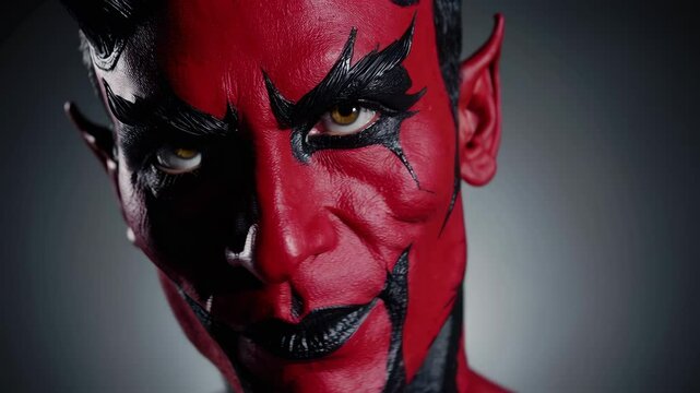Intense red demon closeup transformation with piercing glare and dramatic makeup