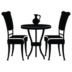 Silhouette view reveals vintage bistro table with two chairs and a central vase, on white