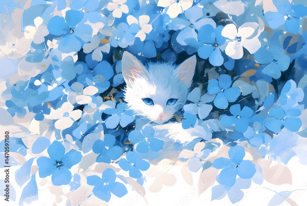 Aufkleber 青い花に囲まれた白い子猫のイラスト パステルカラーの背景に可愛らしい動物と植物の穏やかなアートワーク