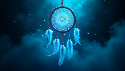 Decorative dreamcatcher with glowing feathers on a dark background with stars and mist.