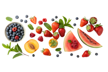 Fresh strawberries and ripe tomatoes, sweet berries and crisp vegetables, a healthy vegetarian salad and fruit plate, all part of a natural, summer diet