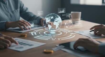 Business meeting data analysis, Digital economy discussion, Financial report presentation, Global planning strategy, Market research chart, Corporate performance teamwork