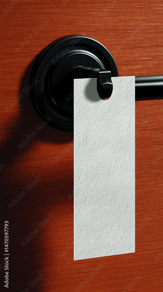 Poster blank textured card hanging on dark door handle against red wood background mockup for text or adver