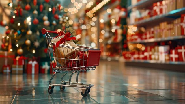 A shopping cart brimming with gifts and ornaments sits in a store adorned with Christmas decorations. Shelves in the background are stocked with wrapped presents. Festive shopping scene.