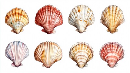 Vibrant Watercolor Sea Shells on Isolated White Background