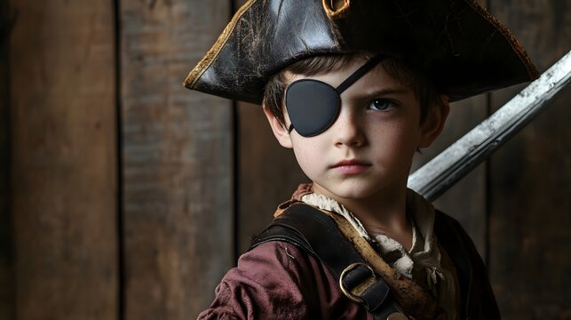 Boy in a pirate costume with a hat eyepatch and fake sword