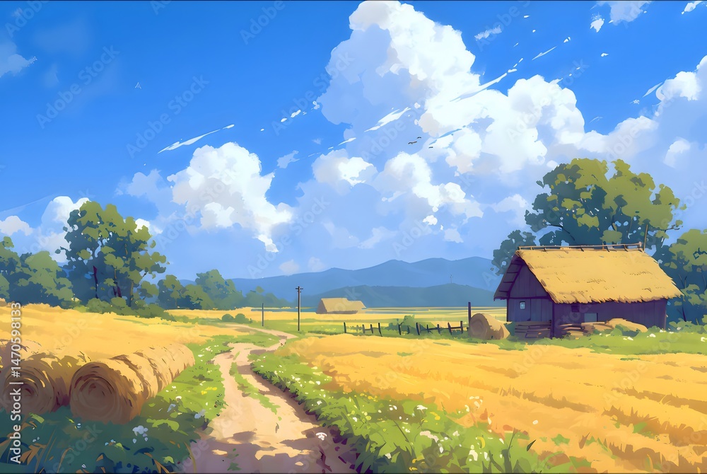 Poster 夏の日の青空の下で麦わらロールのある田園風景と小屋 緑豊かな木々と丘のある穏やかな風景