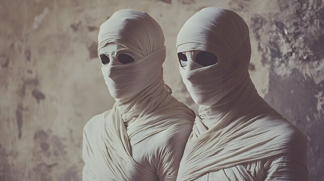 Couple dressed as mummies wrapped in white bandages from head to toe
