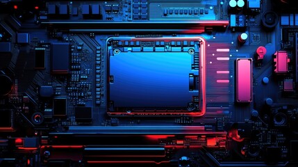 Obraz premium Abstract Technology Background: Neon Blue and Red Circuit Board