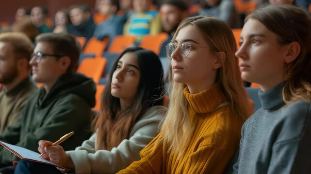 A diverse group of young people is sitting in a lecture hall with orange seats. They are attentive to a presentation, with one person taking notes. The setting is educational and engaging.