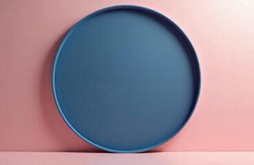 Fototapeta premium Blue circle frame on soft pink wall. Illustration represents blank space for object placement. Minimalist art design, stylish modern wall decor element. Ideal for brand promotion.