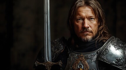 Obraz premium Man dressed as a medieval knight with armor and a sword