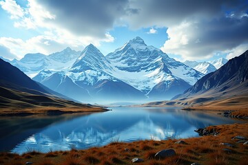 Obraz premium Oil - painted alpine lake scene with snow - capped mountains and calm waters. Suited for nature - inspired art, winter - themed projects, and tranquil - atmosphere designs.