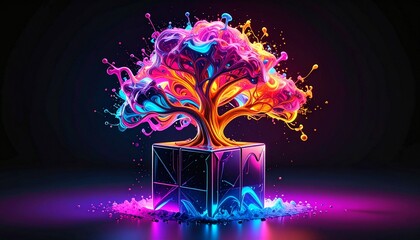 Futuristic tree sprouting from glowing blockchain cube with network connections. Perfect for fintech, green technology, digital growth, sustainability, innovation, eco finance, and blockchain concepts
