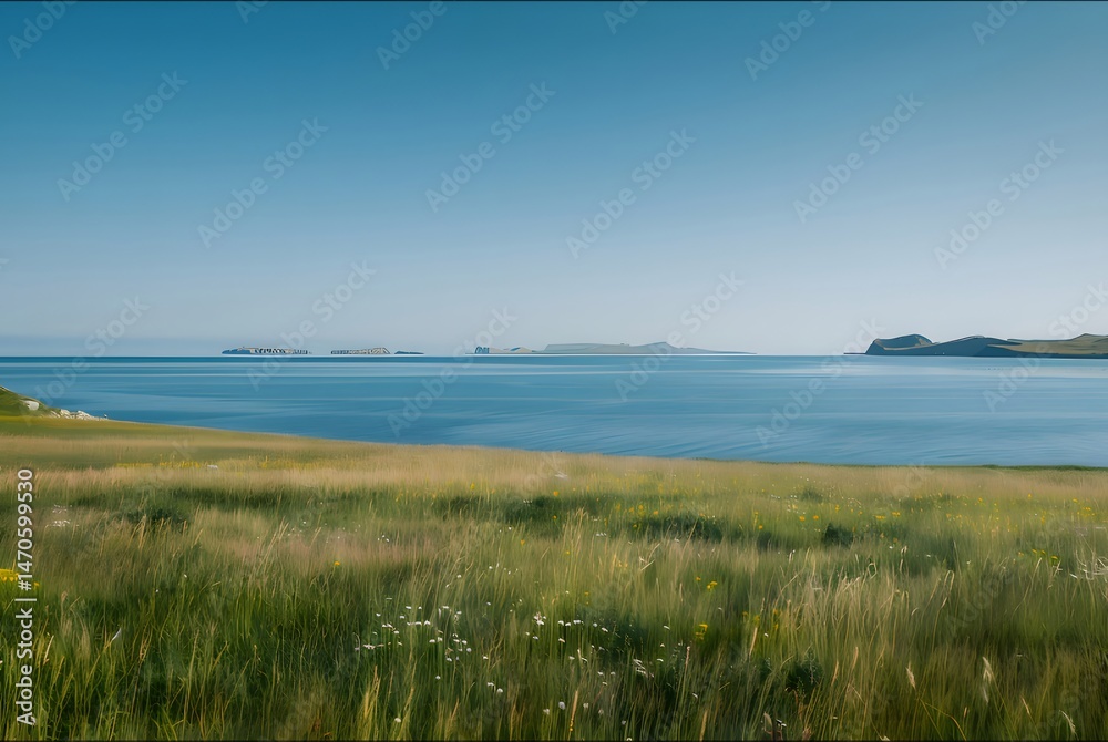 Aufkleber 晴れた日の穏やかな海と緑の草原の風景 イギリスの海岸線風景 青い空と穏やかな海の風景 海岸沿いの島々と鮮やかな緑の草地