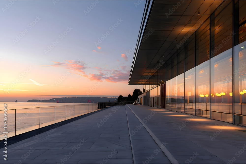 Aufkleber 夕暮れ時の海岸沿いの現代建築 明るい夕焼け空と海の反射が輝くガラスの壁面 都市のシルエットが遠くに見える美しい光景