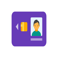 Illustration of a purple card with an arrow, square, and person's photo identification card image