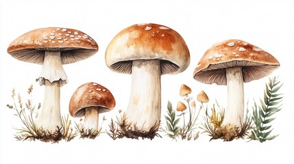 Vibrant Wild Forest Mushrooms Watercolor Illustration