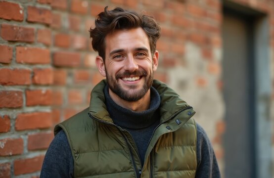 Smiling man poses against old brick wall. Male wears olive green quilted gilet, turtleneck. Portrait of cheerful, happy face of guy in his 30s, beard, wavy hair. Trendy stylish look, lifestyle photo. - Powered by Adobe