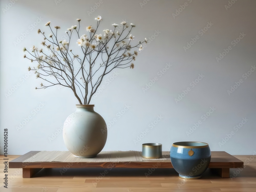 Aufkleber 木製のテーブルに白い壁を背景にした白い花の花瓶とセラミック製のカップ 静けさとミニマリズムのスタイルで構成された静物