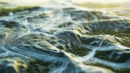 Abstract 3D Topographic Map with Digital Overlay, Futuristic Style