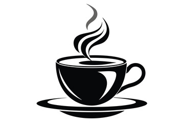 Steaming cup of coffee sits atop a saucer with rising grey vapor, transparent