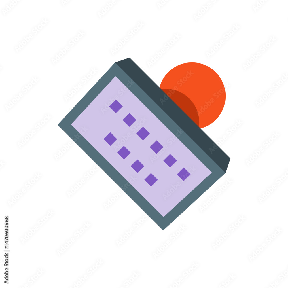 Poster isometric view of a rectangular object with a grid of purple squares and an orange circle behind it