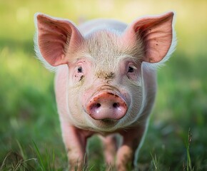 Cute portrait of a pig raised outdoors in the wild with copy space