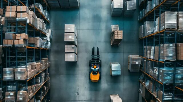 An overhead shot inside a distribution warehouse. Shelving units, packed with boxes, line the walls. A person on a forklift navigates the center of the room between stacks of boxes.