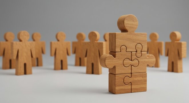 Leadership puzzle team figure representation, teamwork structure concept, human piece design, organizational unity visual, group solution symbol, strategic business model collaboration