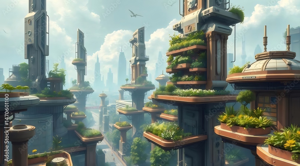 Aufkleber 青い空の下で緑の植物に覆われた未来的都市景観と建築デザイン