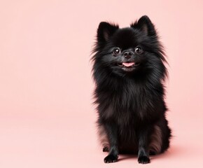 Black pomeranian spitz dog on pink background with copy space