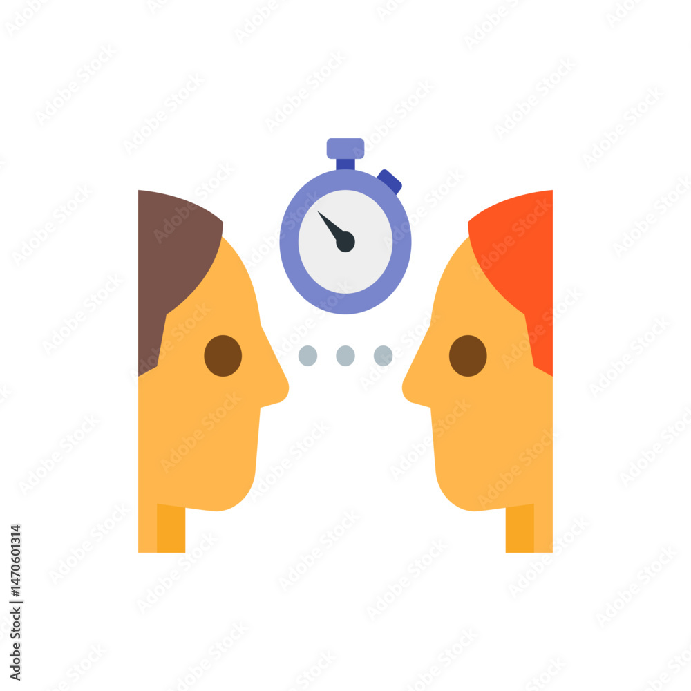 Poster two stylized heads facing each other with a stopwatch and three dots in between them in a white back