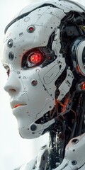 Portrait of futuristic humanoid robot, gleaming white metallic construction, internal glowing red elements, advanced technology