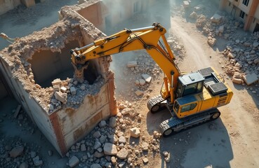 Yellow excavator demolishes old brick building. Heavy construction machine dismantles house. Demolition site with debris. Construction work with heavy machinery.
