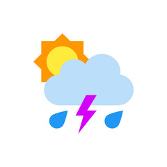 Illustration of a partly sunny day with a cloud, rain drops, and a lightning bolt on a white background