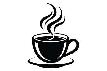 Minimalist black hot coffee cup with saucer shows swirling steam on transparent background