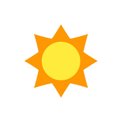 Illustration of a bright sun with a yellow center and orange rays radiating outwards on a white background