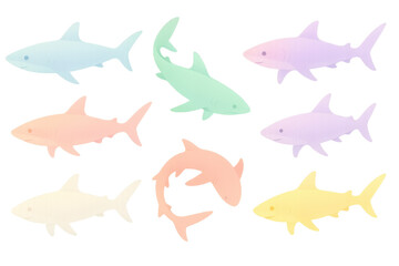 Obraz premium Colorful shark silhouettes icons set – vibrant sea life, simple designs. Flat icon set