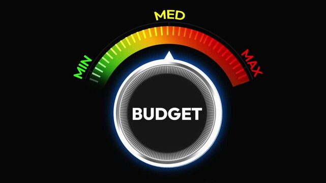 Medium budget spending concept with knob turning on the colorful glowing bar, 4k footage. Business, investment, strategy, marketing