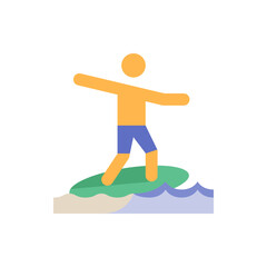 Obraz premium Illustration of a person surfing on a green surfboard with blue waves and a sandy beach scene drawn