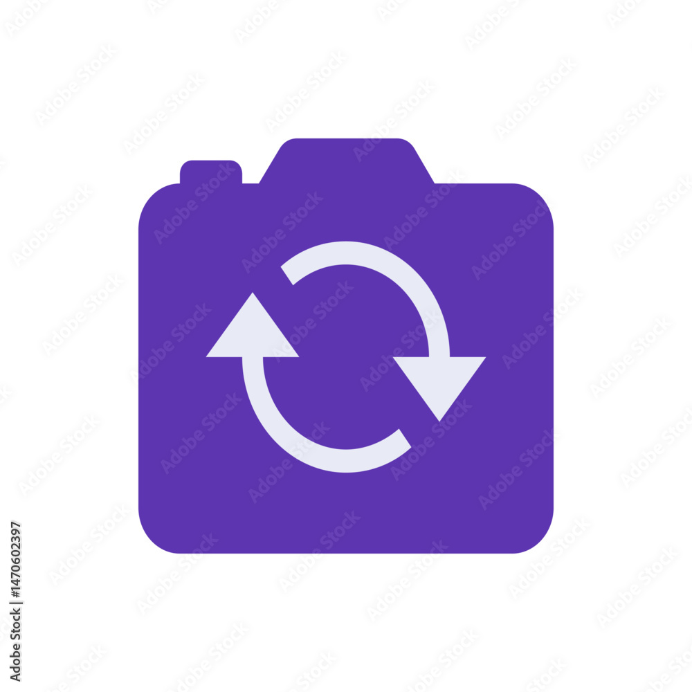 Poster a purple camera icon with a circular arrow pointing left and another pointing right in the center ar