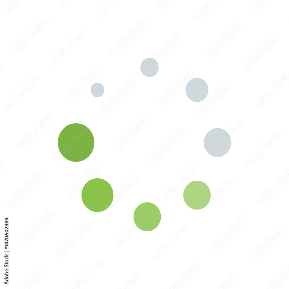 Poster circular arrangement of green and gray circles on a white background creating a loading or progress 