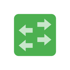 A green square with rounded corners containing four light green arrows pointing in opposite directions