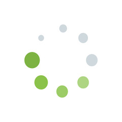 Circular arrangement of green and gray circles on a white background creating a loading or progress effect