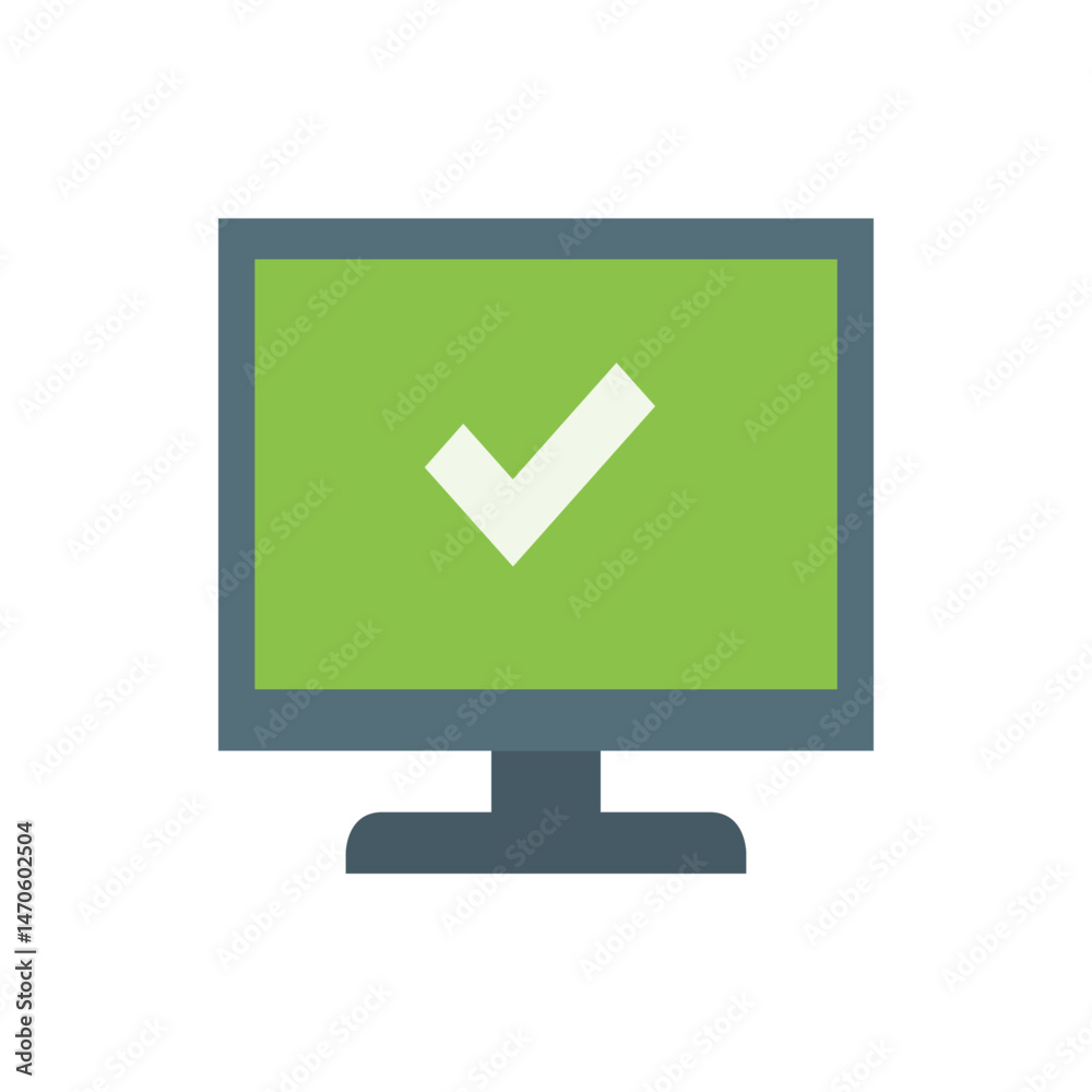 Poster monitor displaying a green screen with a white check mark indicating successful operation and valida