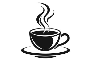 Steaming hot beverage in a simple black cup rests upon an elegant saucer design