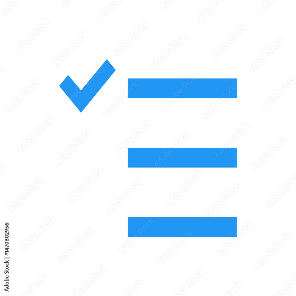 Poster blue check mark icon next to three horizontal lines representing a list or checklist on white backgr
