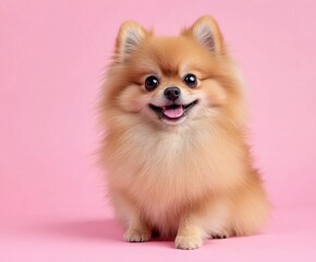 Obraz premium Brown pomeranian spitz dog on pink background with copy space