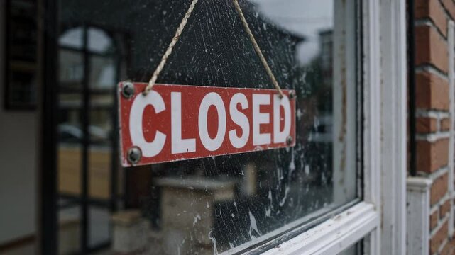 Rainy day storefront with closed sign reflected in window
